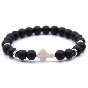 Black Matte Onyx Beaded Bracelet | White Howlite Cross | Stretch 8mm Unisex
